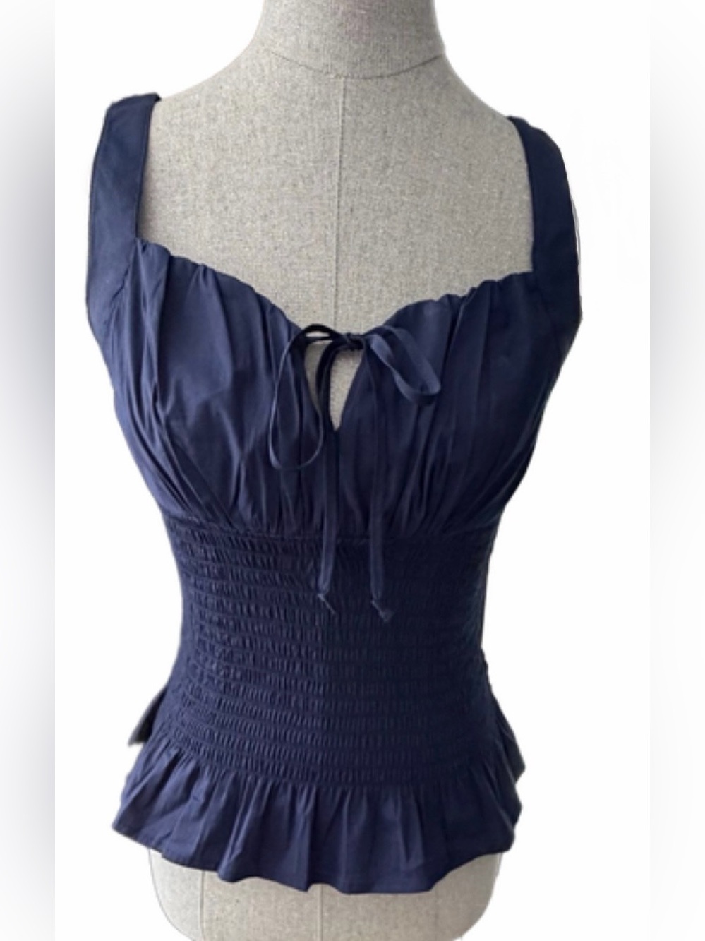 VENUS Navy Smocked Sweetheart Neckline Tank Top with Tie-Front & Ruffle Bottom